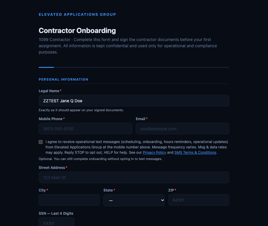 Screenshot of the EAG onboarding form showing the Mobile Phone field and the unchecked SMS consent checkbox with the disclosure text